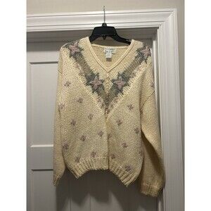 Vintage Hand Knit Sweater Women’s Medium Floral V Neck Pullover Granny  Cottage